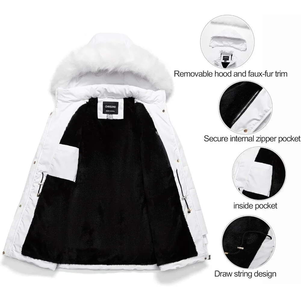 Women's White Winter Warm Long Drawstring Waterproof Snow Puffer Jacket